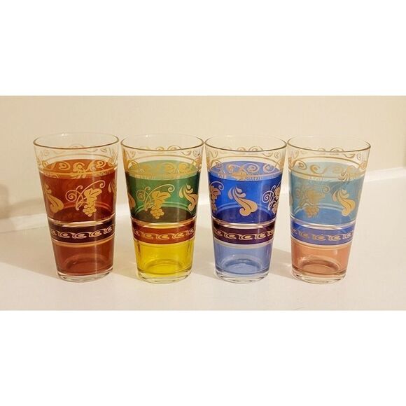 Set of 4 Vintage Moroccan MultiColor Gold Floral Design Juice Glasses 3 X 5.5 - Picture 6 of 7